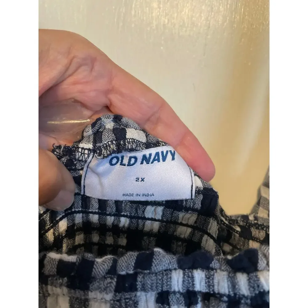 Old Navy Blue Gingham Patchwork Romper Sleeveless Smocking Cotton Pockets 2X